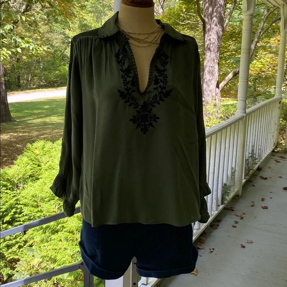 NATURAL LIFE Olive Green Blouse with Black Embroidery - Picture 7 of 16
